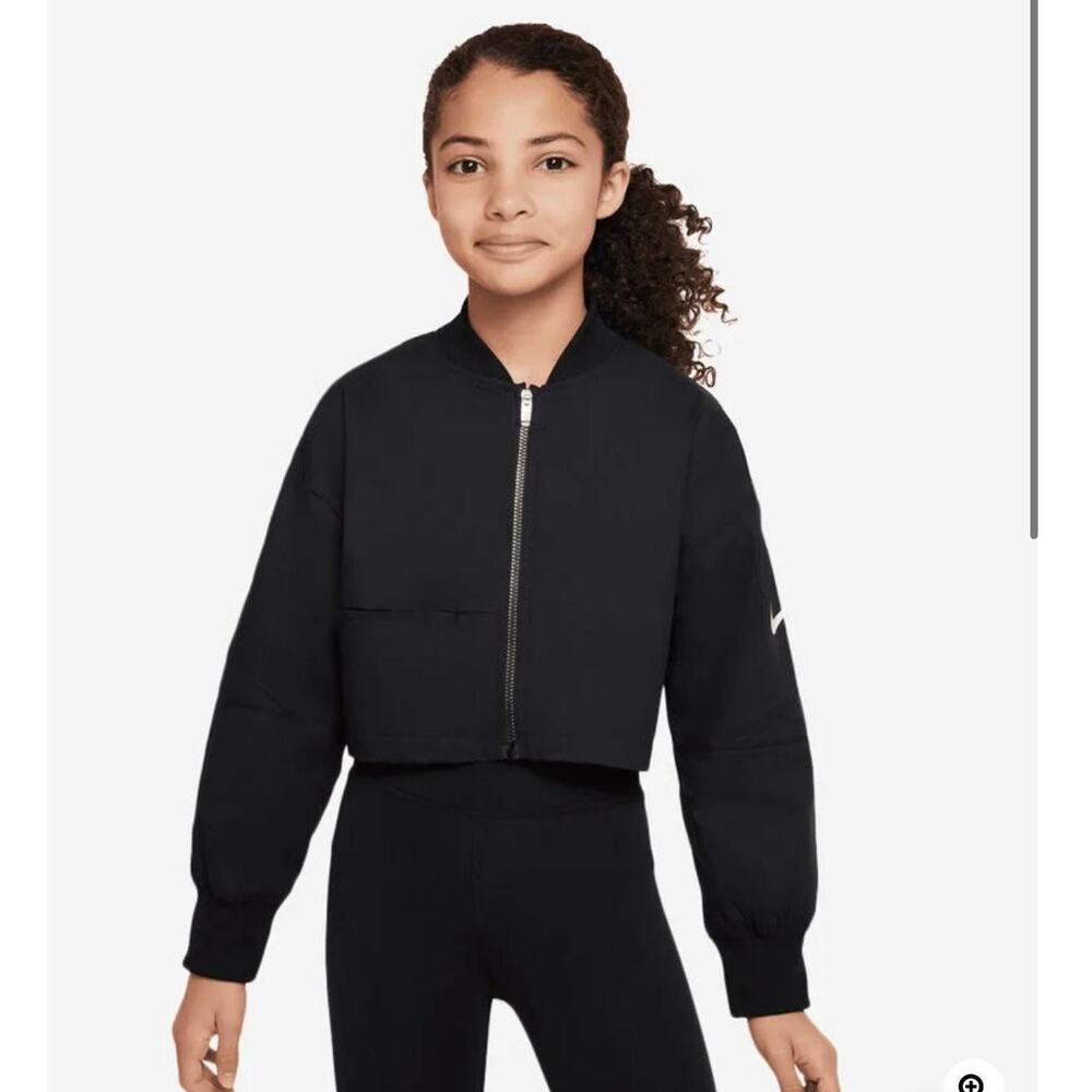 Nike Jacket Girls XL Black Cropped Swoosh Bomber Loose Fit Youth DV3253-010 New